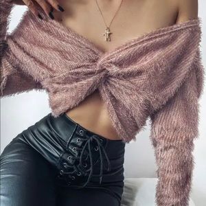 Fuzzy Twisted Drop Shoulder Sweater